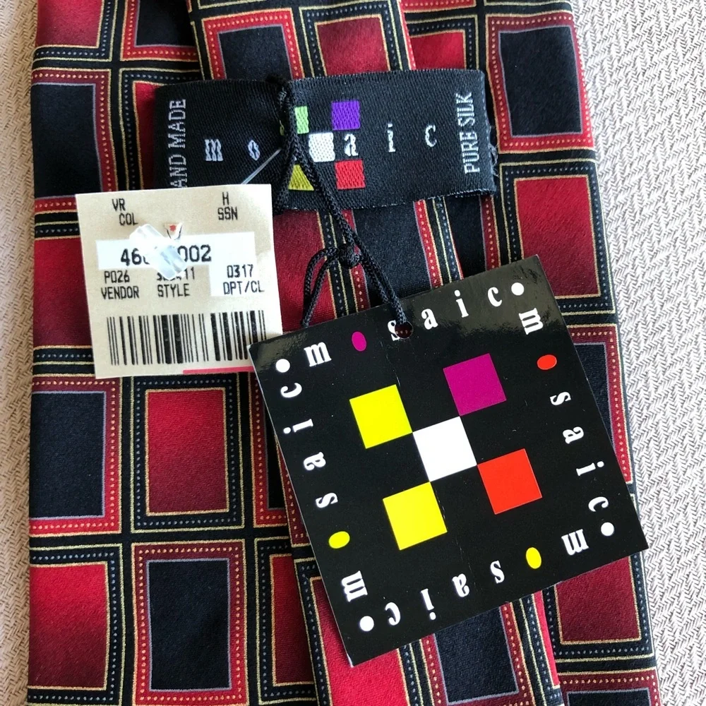 Mosaic Neckwear Hand Made 💯 % Silk Red Black Gold Geometry Design Tie